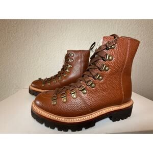 Grenson Nanette Shearling Lined Pebbled Leather Combat Boots Brown Women's